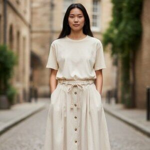 Vintage Chaus Cream Button Front Midi Skirt | Cottagecore Cotton Skirt | High Wa